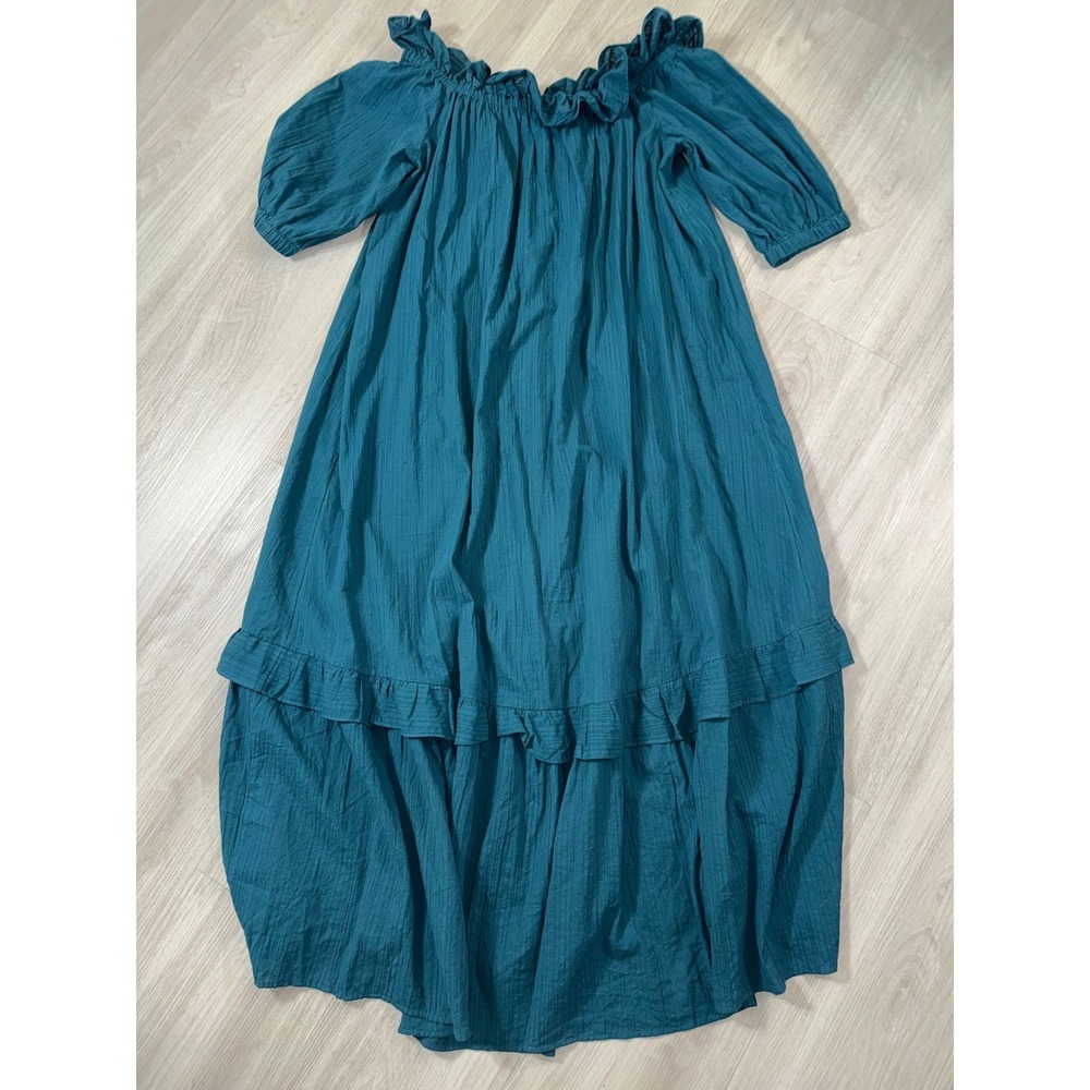 Anthropologie Teal Blue Ruffle Off Shoulder Cotton Gauze Midi Dress Large Boho - Picture 13 of 13